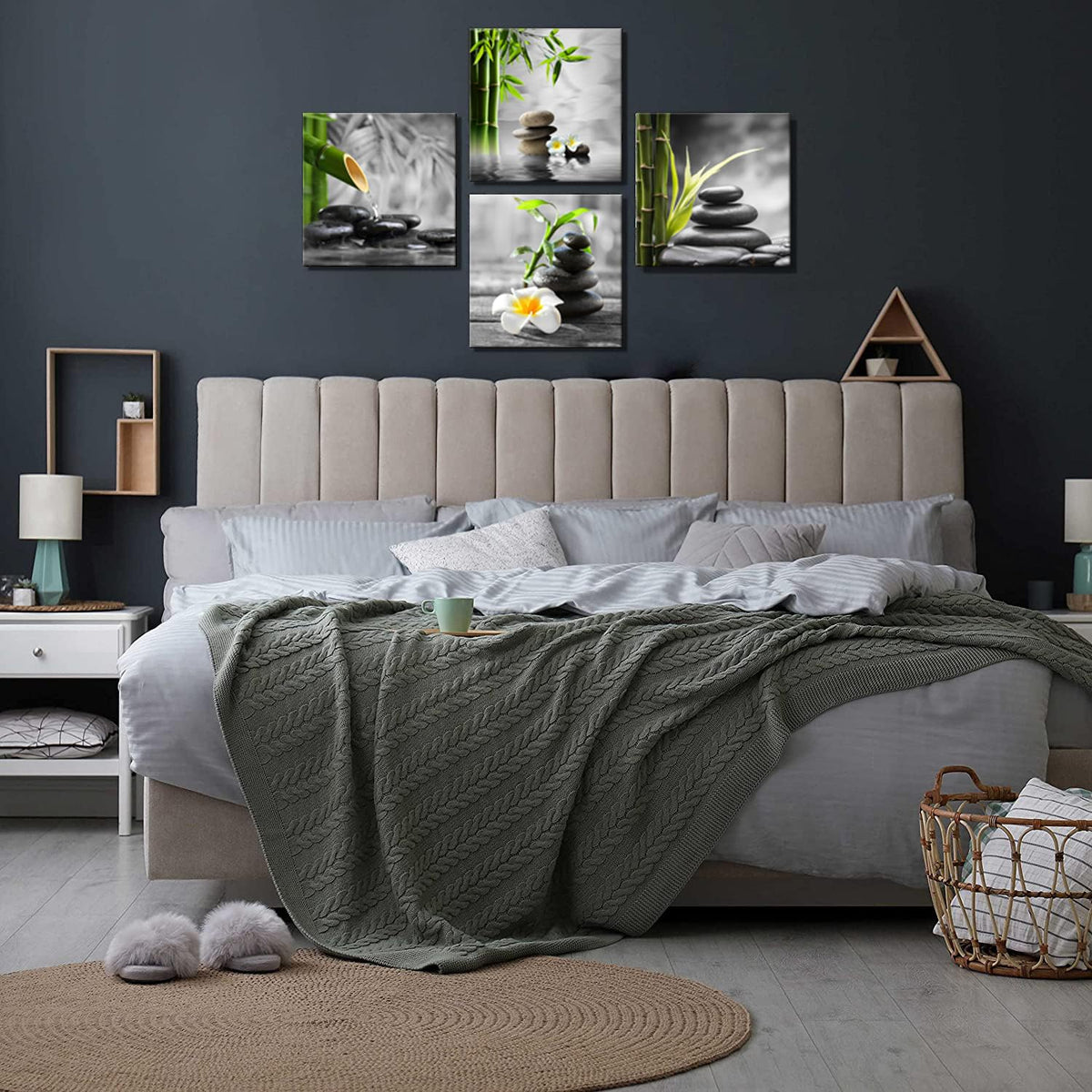 Zen Bathroom Decor Black and White Wall Art Grey Green Room Decor Stone Bamboo Pictures Canvas Meditation Posters Prints Artwork Bedroom Wall Decor Living Room Kitchen Decorations (AzenHB / 12"L x 12"W)