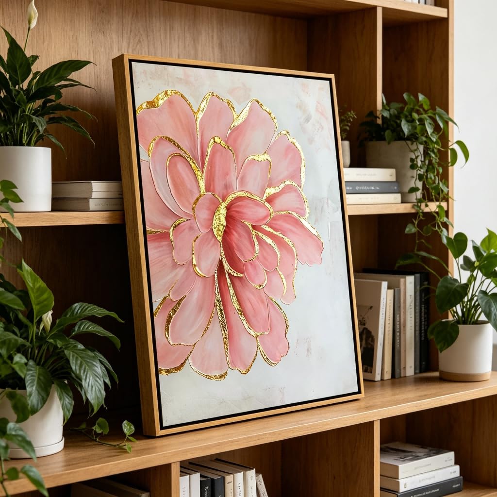 Framed Pink Peony Flower Canvas Wall Art Modern Pink and Gold Floral painting Decor Pictures Abstract flowering Posters Prints for Corridor Living Classroom Bedroom Woman Room Decoration (Flower / 24"L x 16"W)