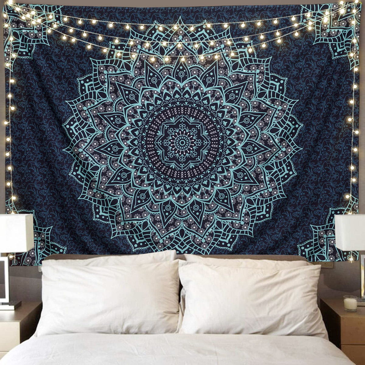 Black Blue Mandala Tapestry Wall Hanging Vintage Tapestries Aesthetic Hippie Wall Decor Bohemian Wall Art Boho Home Decoration for Bedroom (59"L x 51"W / Mandala Tapestry-4)