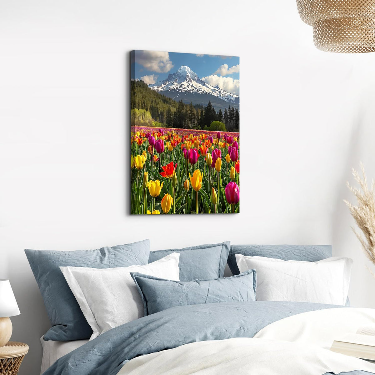 Yellow Tulips Flower Wall Art Mountain Landscape Wall Decor Colorful Flowers Field Canvas Prints Nature Forest Pictures Mt Hood Mountains Scenic Artwork for Office Bedroom Home Decoration 16x24" (24"L x 16"W / YellowTulips)