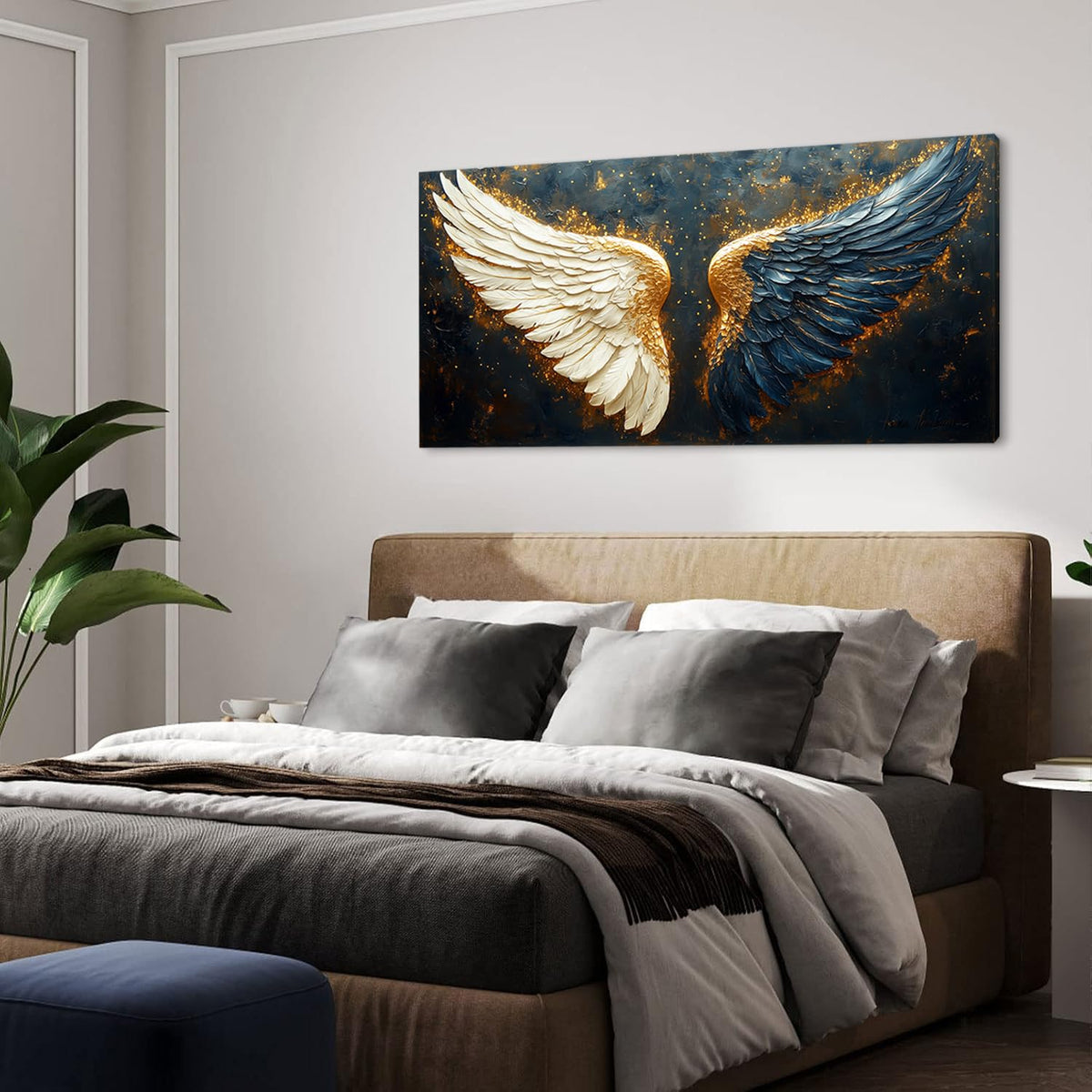 Multicolor Angel Wings Wall Art for Living Room Office Spiritual Symbolism Abstract Expressionism Painting Prints Modern Canvas Artwork Dining Bedroom Decor (Abstract / White Blue Gold Angel Wings Wall Art / 40"L x 20"W)