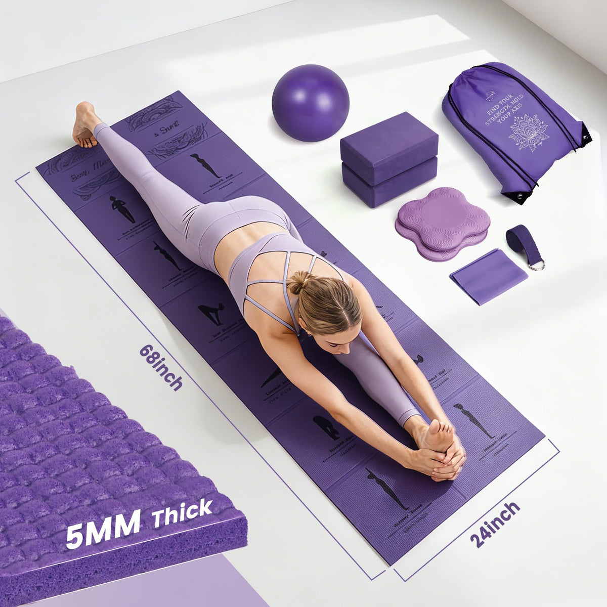 Foldable Non Slip Yoga Mat and Blocks Set for Women (Purple)