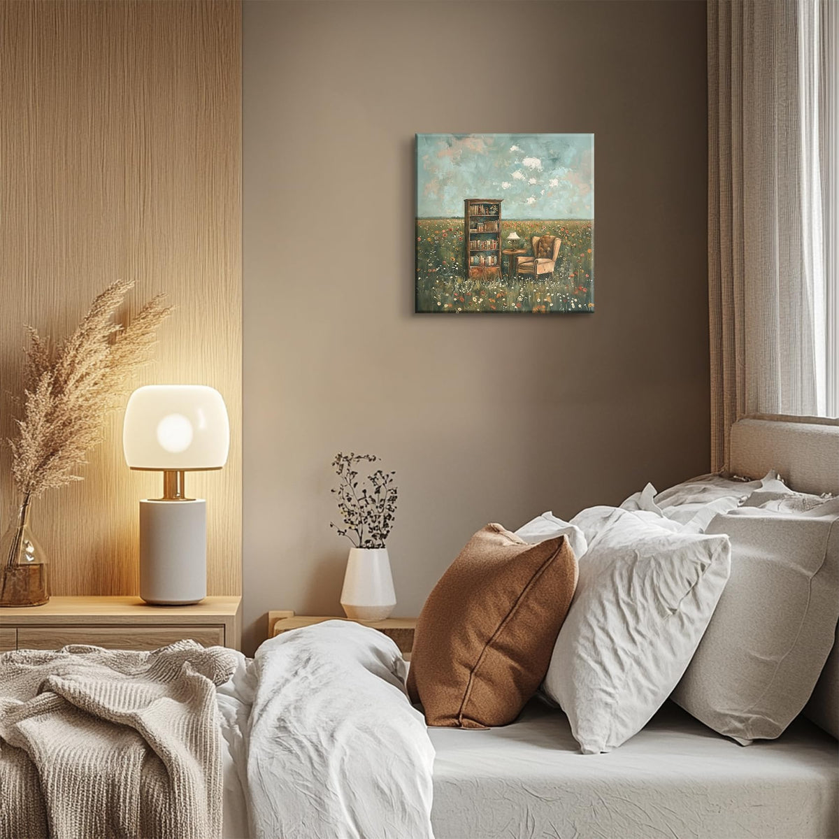 Vintage Book Nook Wall Art Whimsical Impressionist Flower Field Wall Decor Retro Book Club Home Library Decor Painting Picture Rustic Farmhouse Bookish Themed Canvas Print (Garden Bookshelf / 12"L x 12"W)