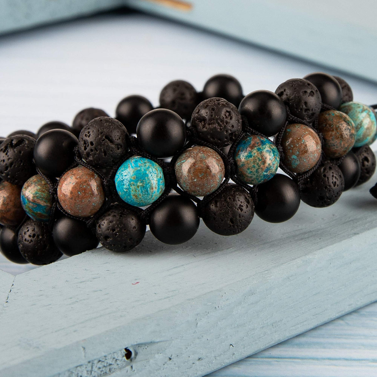 8mm Natural Lava Rock Stone Bracelets for Men (Sea Sediment + Lava Rock + Agate)