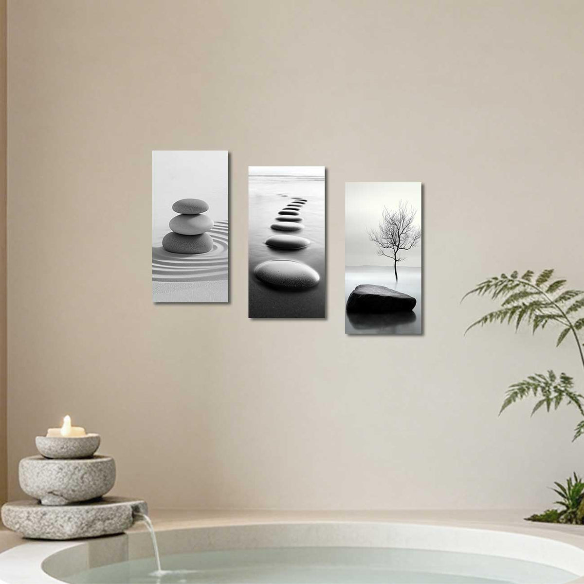 Set of 3 Black White Zen Bathroom Canvas Wall Art Prints Zen Stones in the Water Pictures White Lotus Poster Yoga Meditation Artwork Spa Room Decor (Beige / 16x8inx3 Pieces)