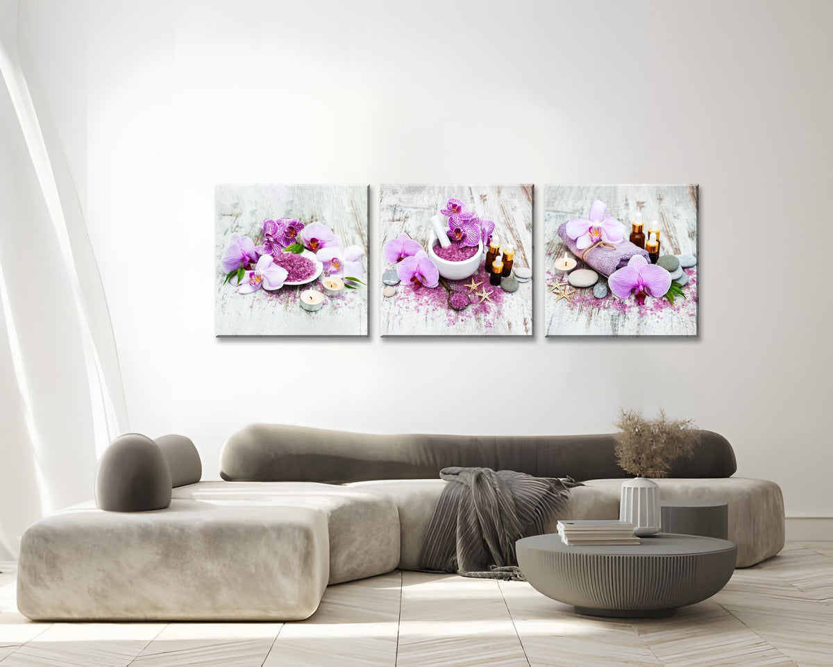 3Pcs Purple Zen Orchid Flowers Lavender Spa Canvas Prints Art Zen Floral Wall Art Aromatherapy Bath Salts Decor for Home Purple Ready to Hang Canvas Art for Relaxation Wellness Spaces (16X16inchX3pcs / Spa&Orchid)