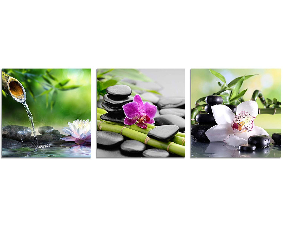 Zen Art 3 Panels Spa Decor Green Bamboo Decor Pink Flowers Picture Canvas Painting Print on Canvas for Home Decoration Zen Wall Art Spa Wall Art Stretched and Framed Each Panel 12x12inch (12x12inchx3 / Spa Stone with Flowers)