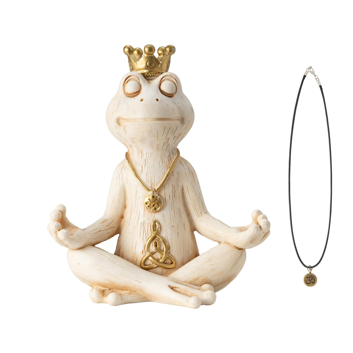Meditating Zen Frog Statue Decor with Bonus Om Necklace (White)