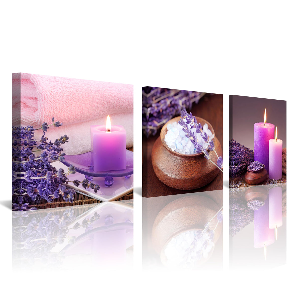 Zen Canvas Wall Art Spa Still Life With Purple Aromatherapy Candles And Zen Stone Aroma Lavender Flower Painting Pictures Print on Canvas Ready to Hang for Bathroom Decoration (12X12inchX3pcs / aromatherapy)