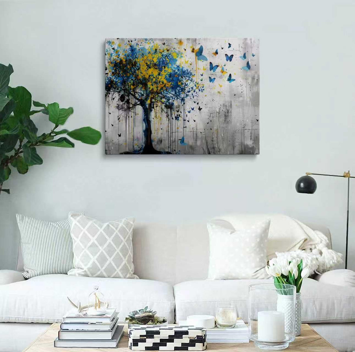 Butterfly Tree Canvas Wall Art Framed Modern Nature Wall Decor 16x24 Inch (Butterfly Tree / 24"L x 16"W)