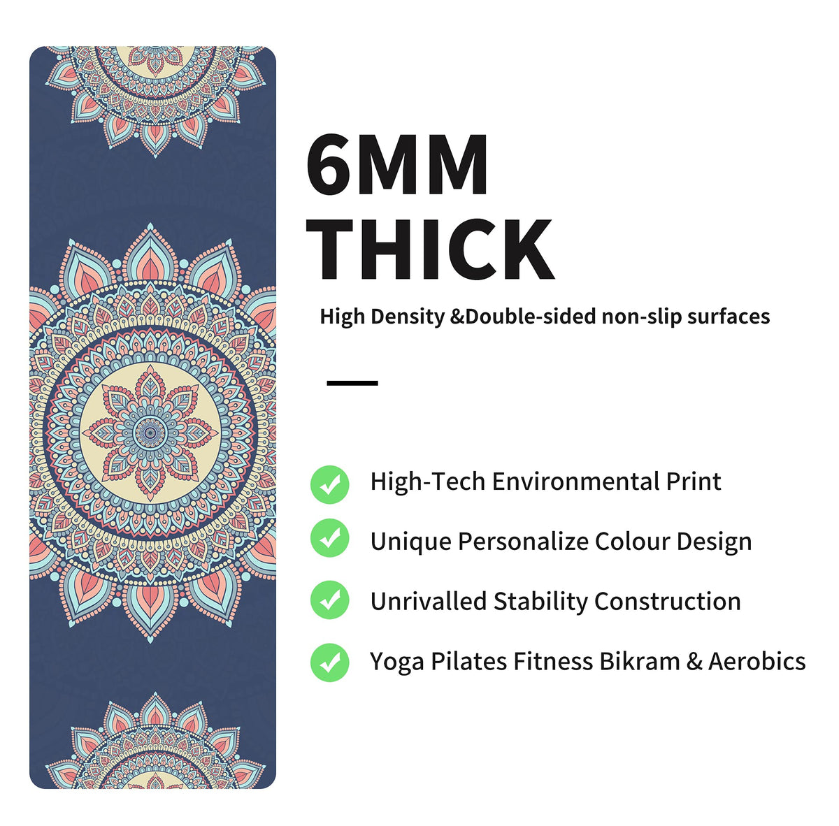 Yoga Mat Print Extra Thick TPE Non Slip Fitness Exercise Mat with Carrying Bag (Lotus)