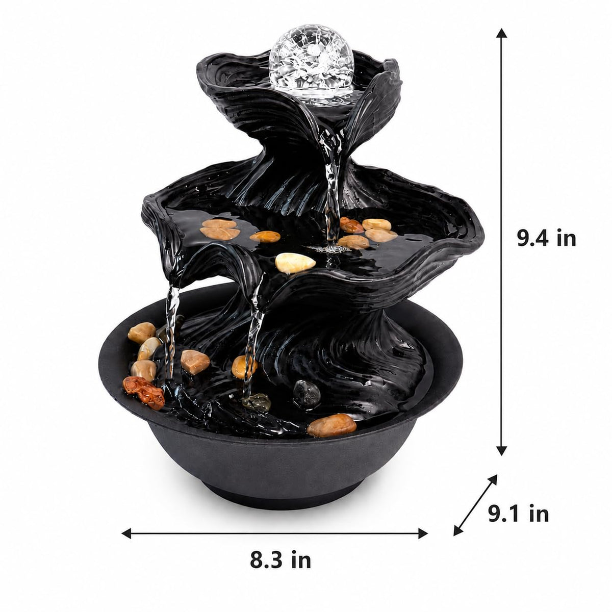 BYVBLETZ Tabletop Water Fountain (Black-crystal Ball-01)