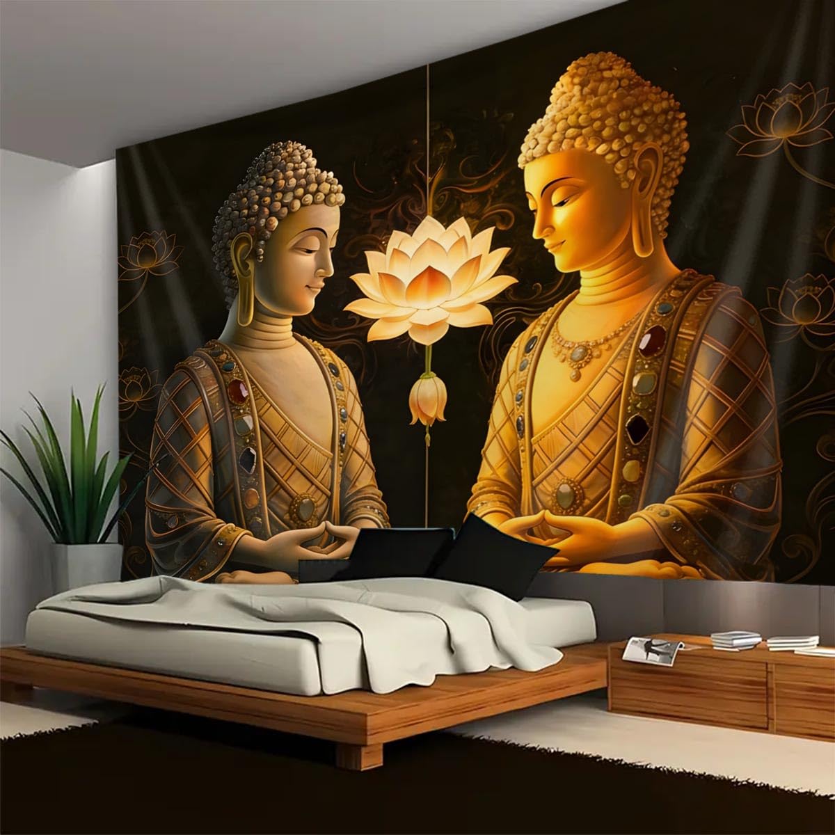 Vintage Sitting Buddha Tapestry Buddha's Light Wall Hanging Buddhist Statue Tapestries Lotus Meditation Wall Decor Psychedelic Indian Zen Art for Bedroom Living Room Home Decor (Golden / 79"L x 59"W)