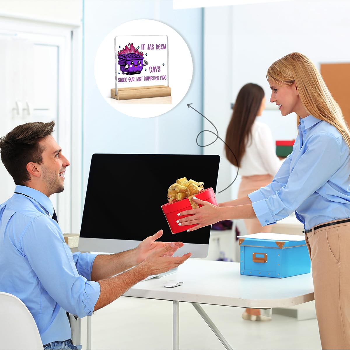 Dumpster Fire Desk Accessories Funny Office Decor Purple Accessories Funny Office Gifts It Has Been Days DIY Acrylic Sign for Home Bedroom Living Room (Purple It Has Been Days Since Our Last Dumpster Fire / Wooden base acrylic with a pen)