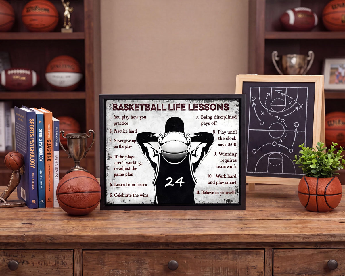 Black Framed Basketball Life Lessons Canvas Wall Art 24x36in (Basketball inspiration / 16"L x 12"W)