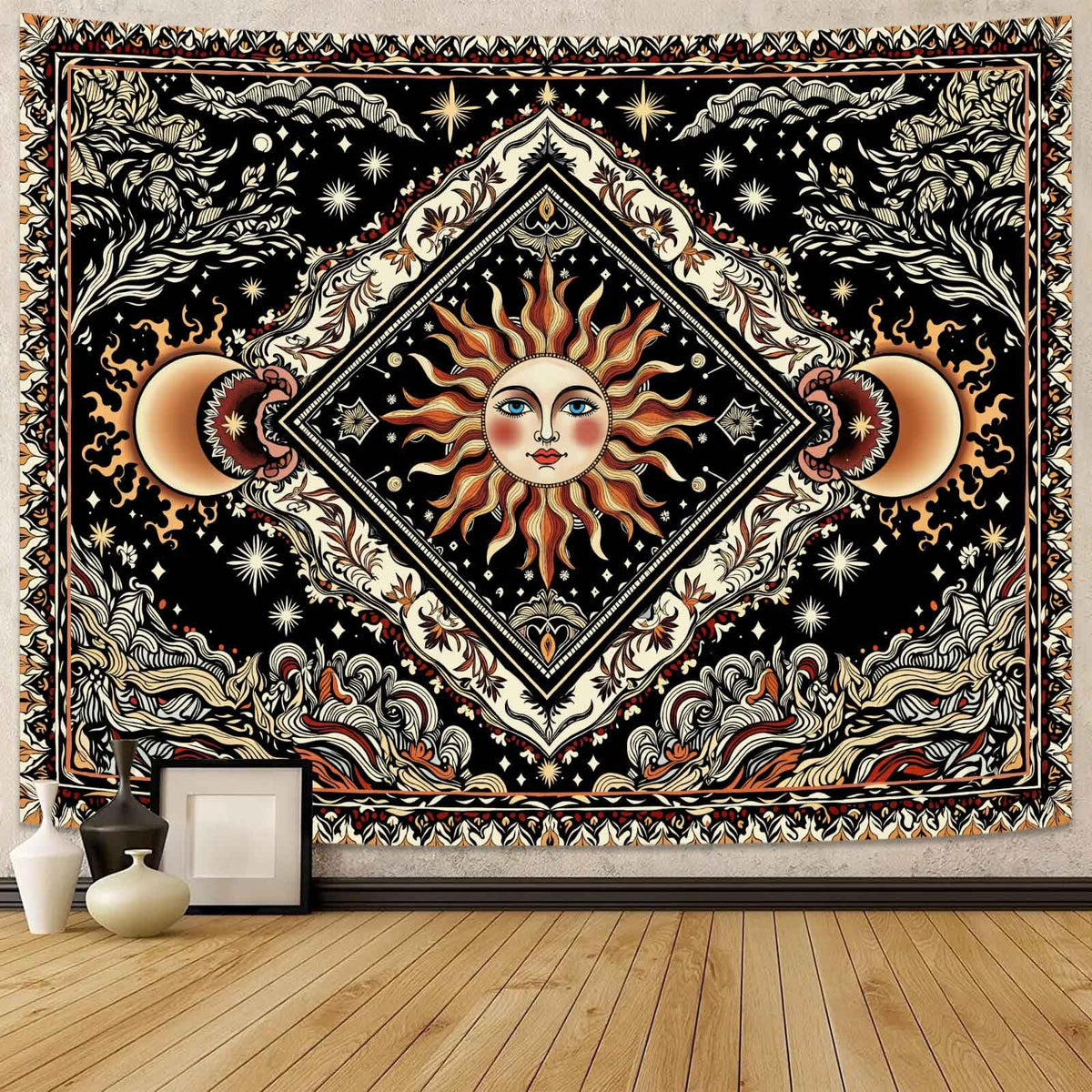 Celestial Sun & Moon Tapestry (Yellow Ivory / 90"L x 70"W)