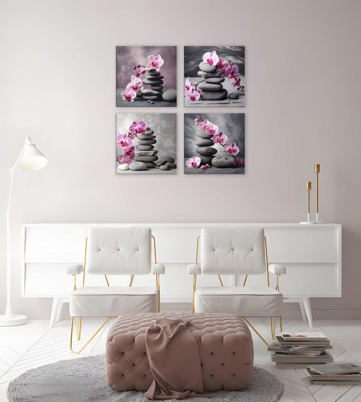 Pink Orchids and Zen Stones D cor Orchid Canvas Wall Art (16X16inchX4 / Pink Orchid & Zen Stone)