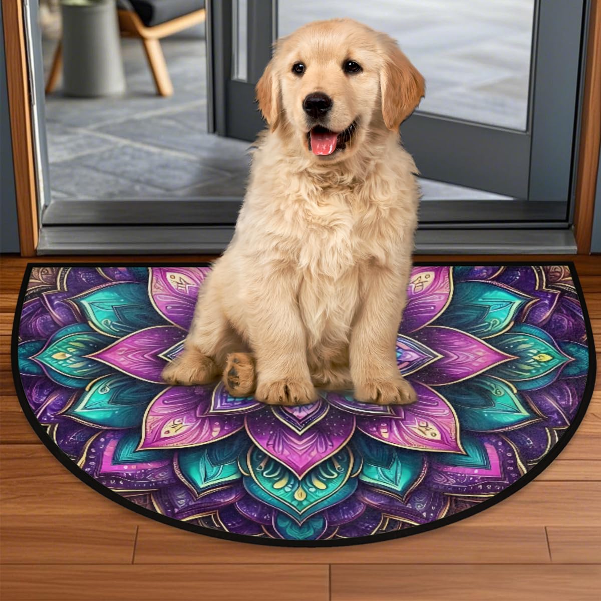 Mandala Flower Half Round Door Mat Indoor Entrance Semi Circle Area Rugs (Z Mandala Flower Boho Color)