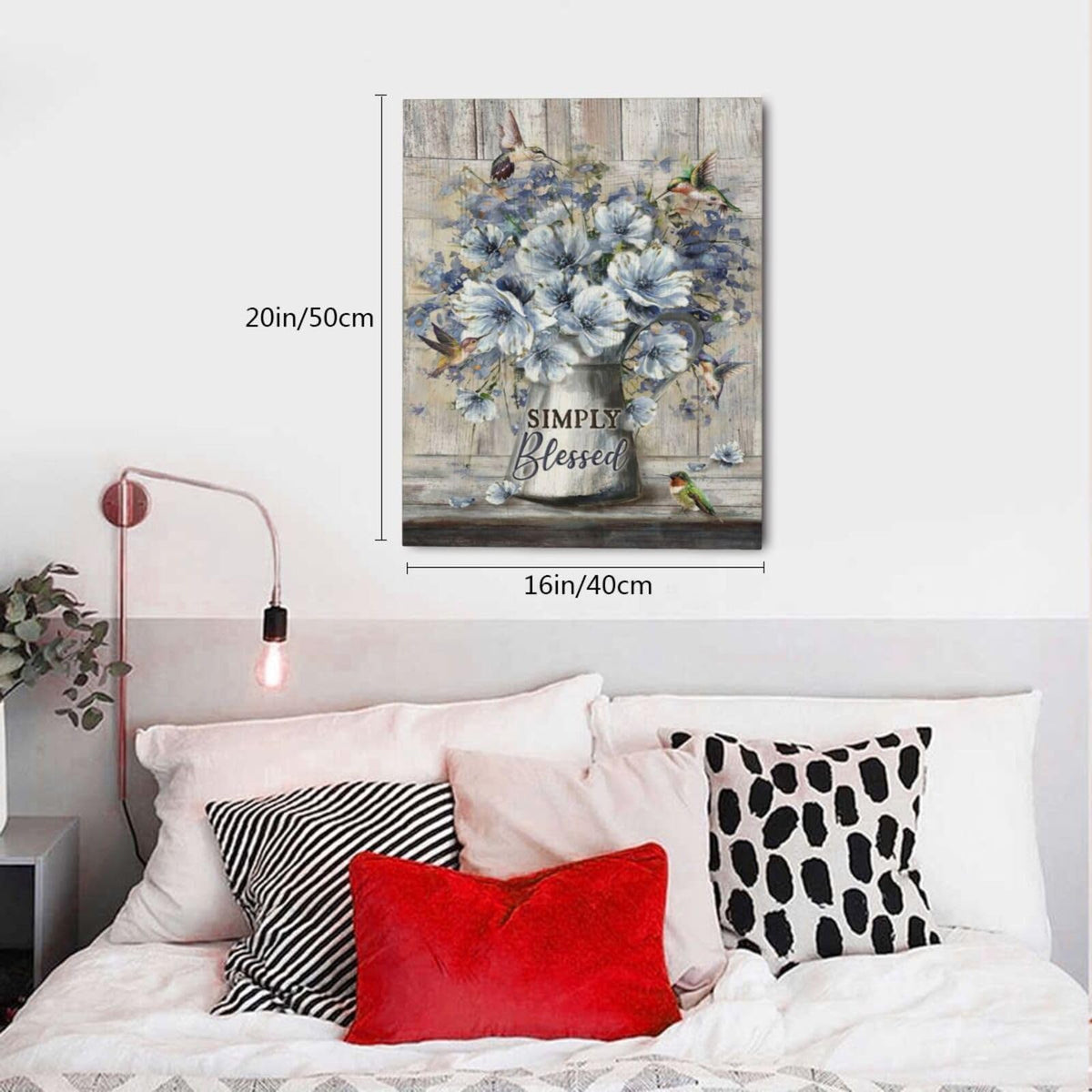 Flower Bathroom Wall Art Farmhouse Flower Pictures Wall Decor Rustic Blue Floral Hummingbird Canvas Painting Prints Modern Artwork Home Decoration for Bathroom Bedroom Living Room 20"x16" (Simply Blessed / 20"L x 16"W)