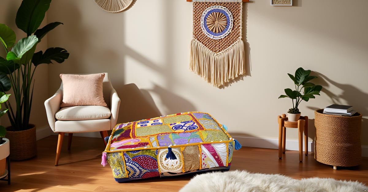 Indian Square Patchwork Traditional Pouf Cover Indian Living Room Poufs Decorative Embroidered Designer Ottoman Home Living Footstool Chair Cover Decor Pillow Cover 16x16x5 inches (16"D x 16"W x 5"H / Yellow)