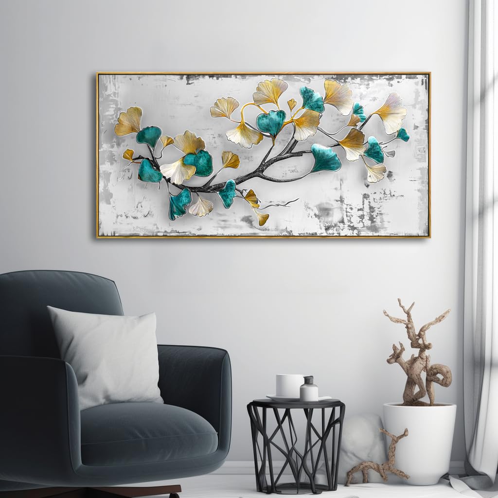 Ginkgo Leaf Wall Art Modern Botanical Canvas Painting Framed 24"x48" (48"L x 24"W / Leaf 02)