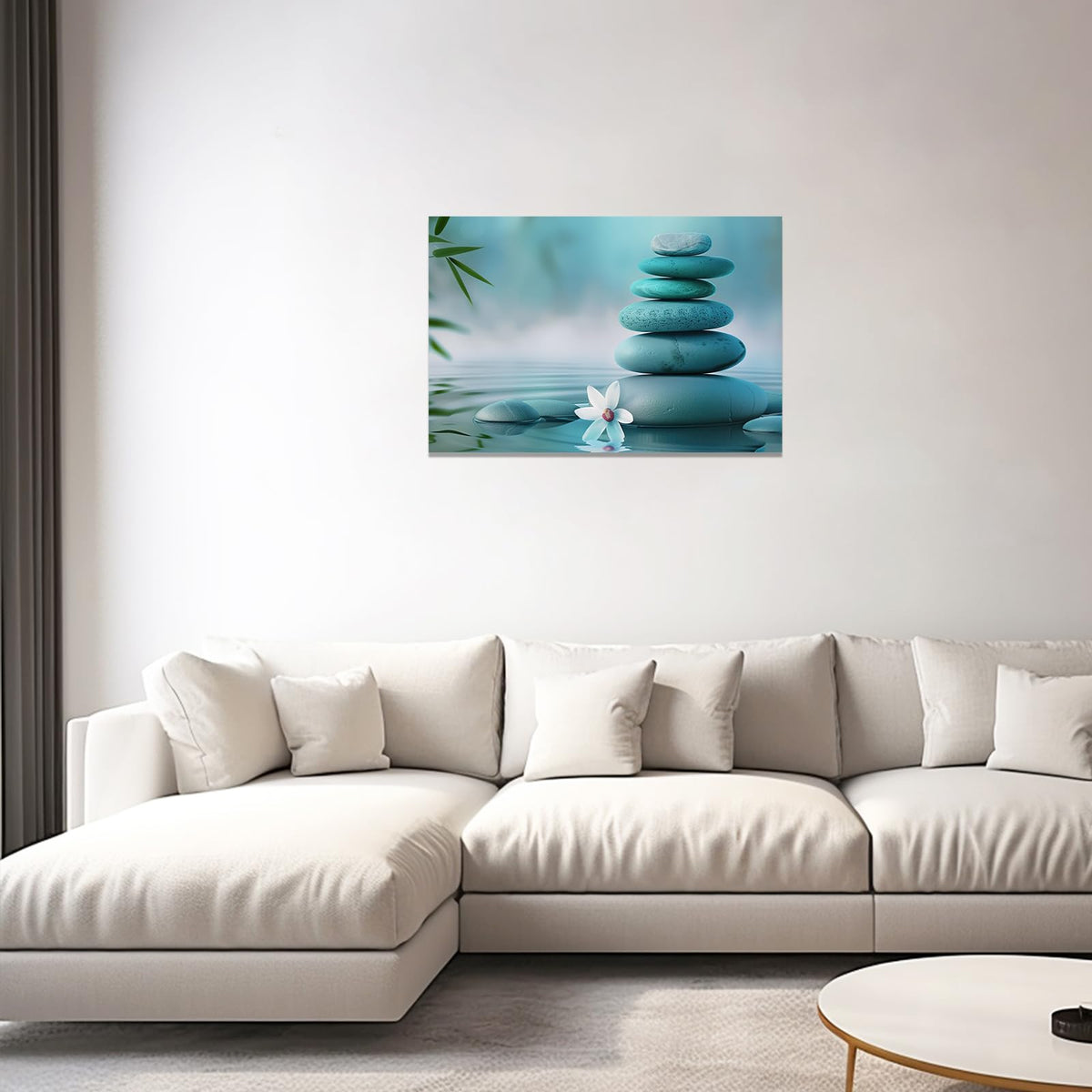 Zen Canvas Wall Art Teal Wall Decor Spa Water Pictures Zen Stone Bathroom Decor White Flowers Prints for Meditation Yoga Spa Artwork Framed (12"L x 18"W)