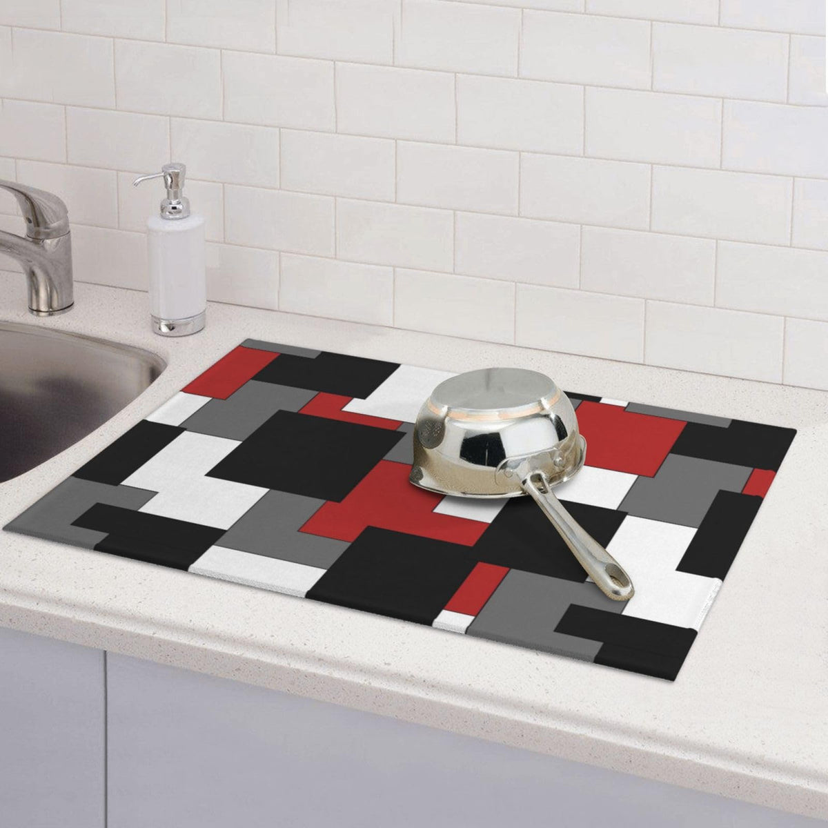 Red Black Grey White Dish Drying Mat 18x24 Inch (Red Black)