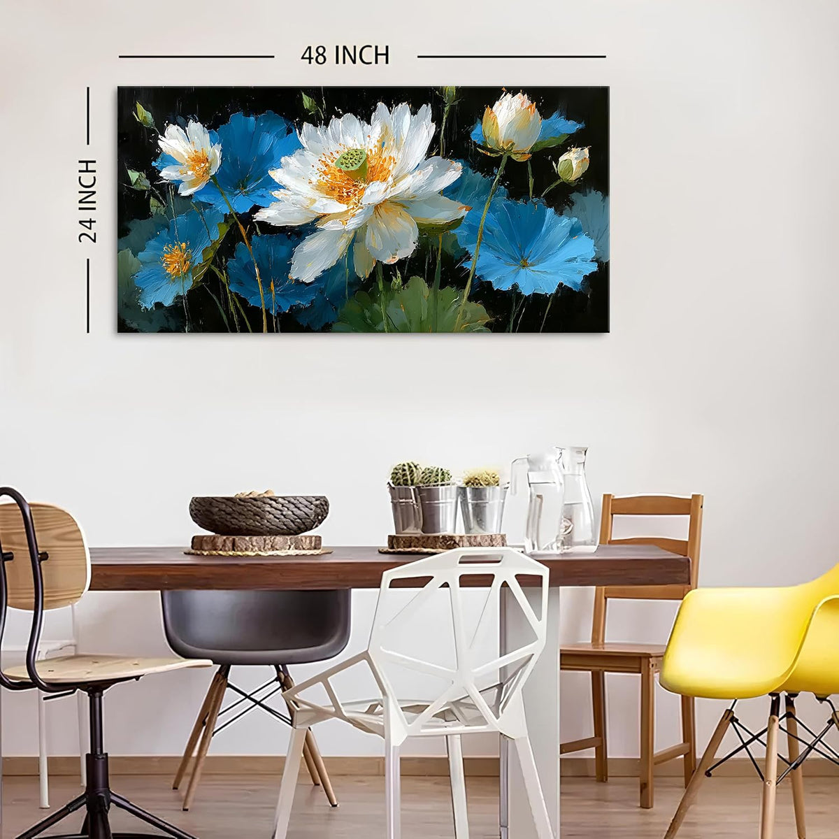 Vintage Abstract Lotus Flower Canvas Wall Art Boho Bedroom Home Decor Zen Floral Picture Blue and White Lotus Painting for Living Room Office Meditation Room Artwork Poster Decorations 24x48” (48"L x 24"W / Blue Lotus)