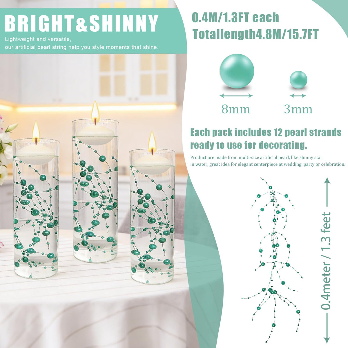 12 Pcs Light Blue Branched Artificial Pearl String Set for Floating Candles Centerpiece (Light Blue Branched)