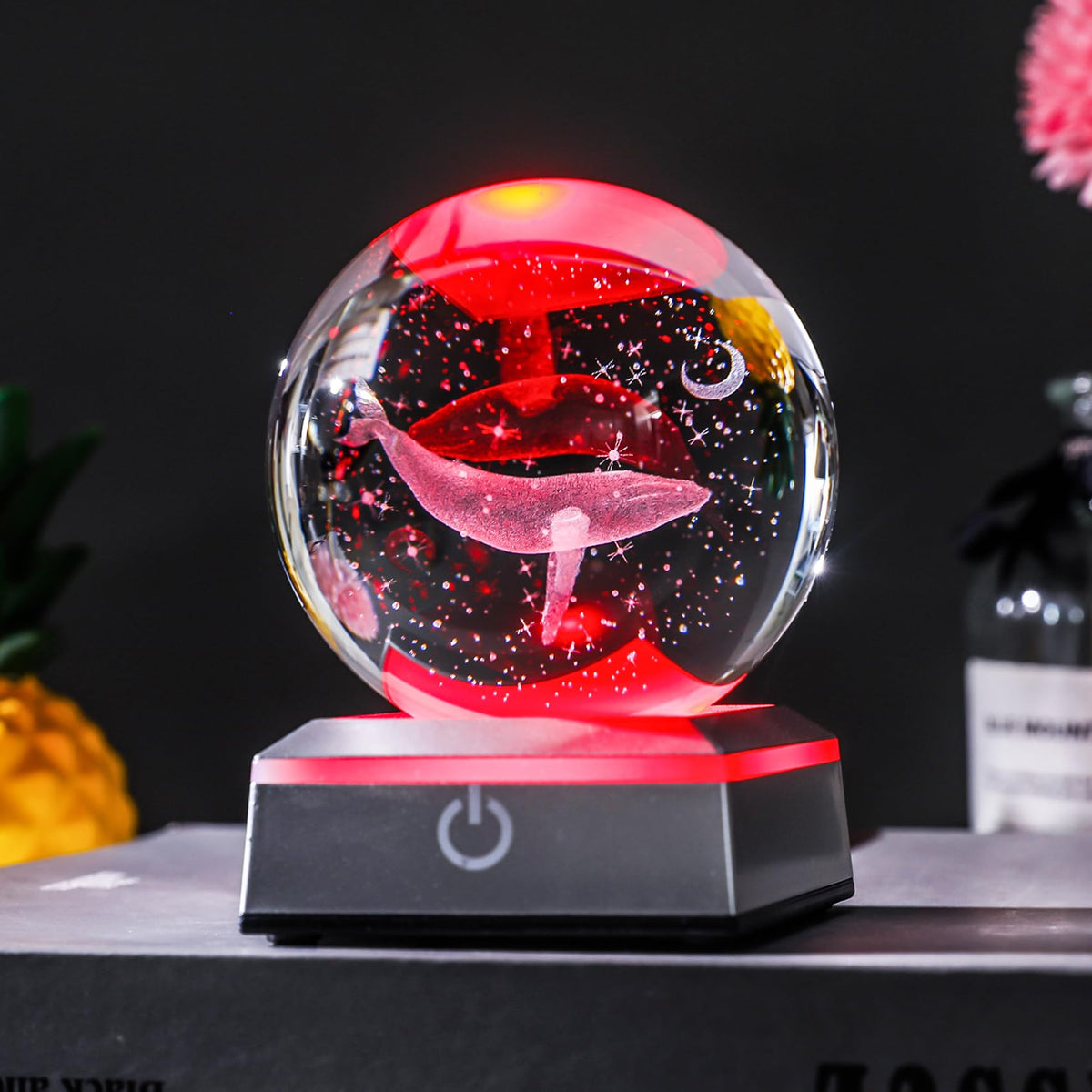 Laser Engraved Moon Whale Figures Crystal Decor Ball 3.14 Inch Ocean (Whale)