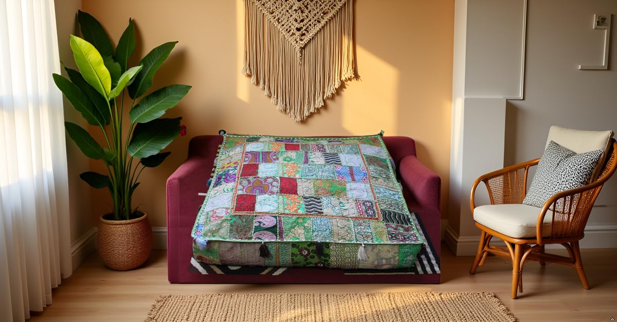 Indian Square Patchwork Traditional Pouf Cover Indian Living Room Poufs Decorative Embroidered Designer Ottoman Home Footstool Chair Cover Decor Pillow Cover 35 inches (35"D x 35"W x 5"H / Light Green)