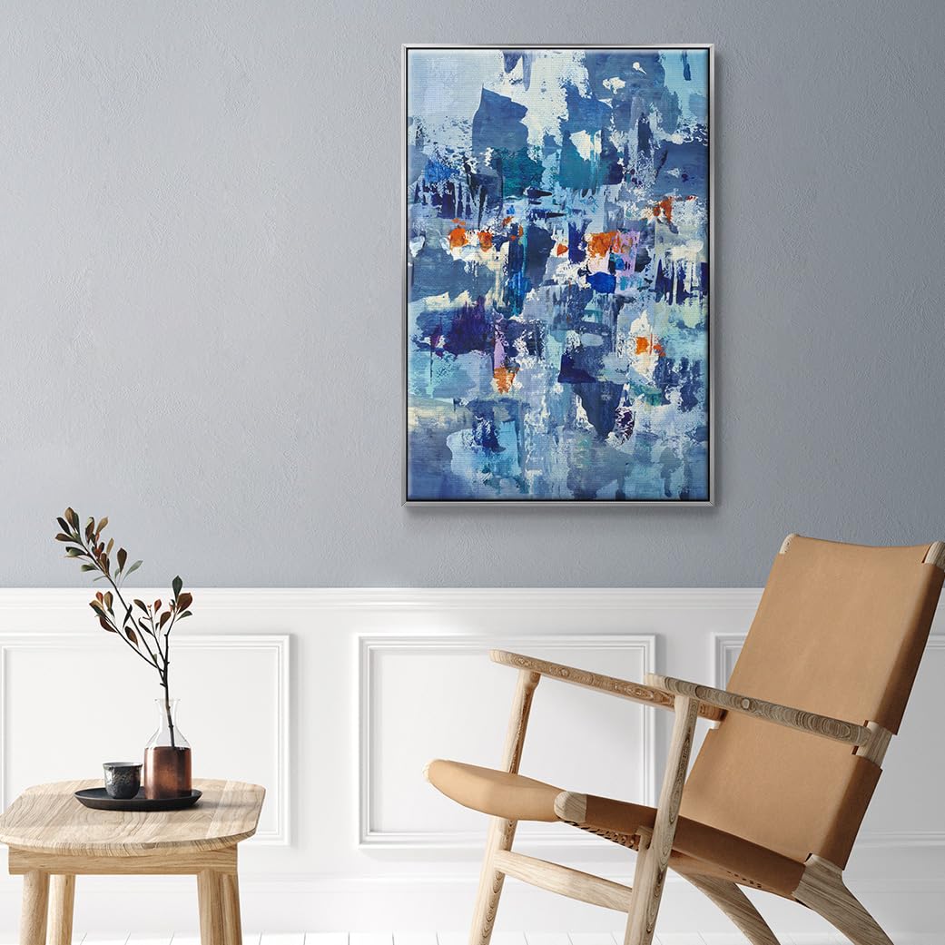 Canvas Art Silver Floater Framed Prints Rustic Teal Blue Brushstrokes Splash Abstract Wall Decorations for Kitchen Hotel Restaurants Walls (37"L x 25"W / Reticent III)