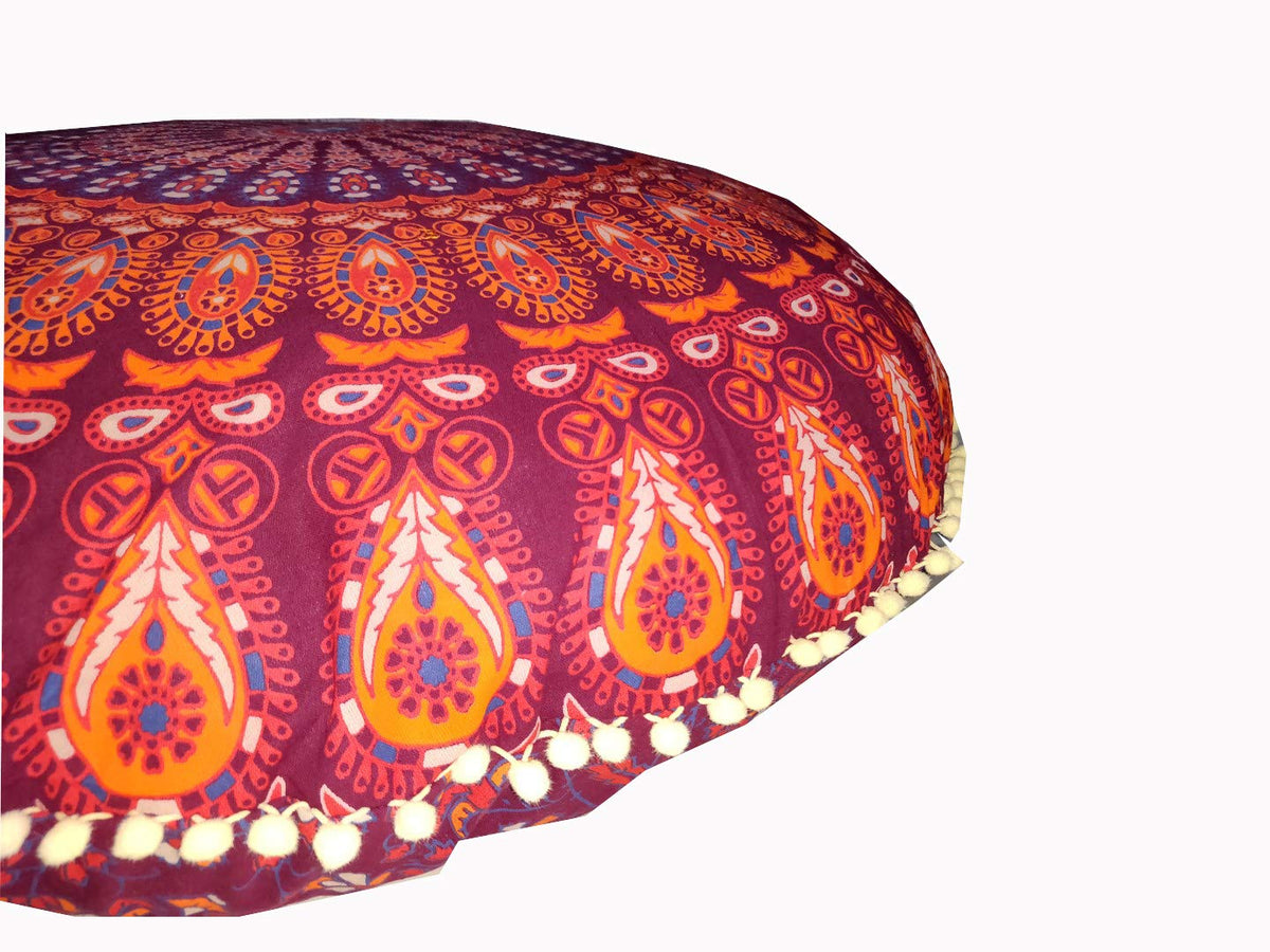 ICC 32" Indian Mandala Ottoman Throw Pouf Cover Seating Ottoman Cover Ethnic Cushions Bohemian Decor Fall Decor Pouf Case Decorative Footstool Round Floor Maroon (Maroon)