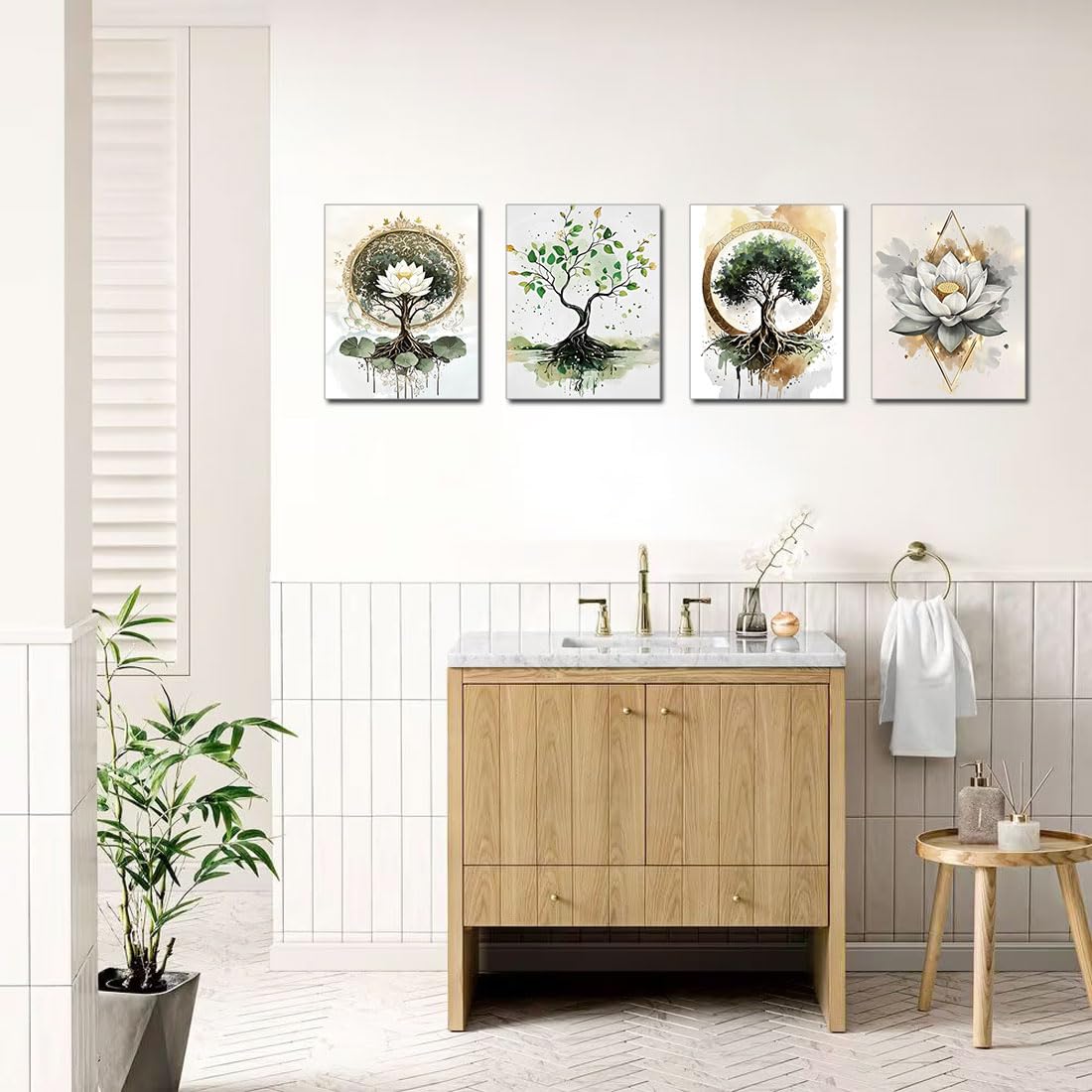 Green Tree of Life Bathroom Wall Decor Set of 4