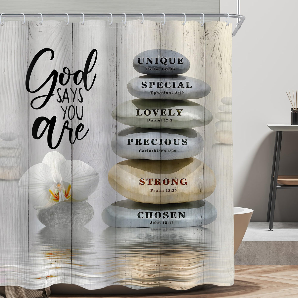 Bible Verse Scripture Christian Shower Curtain Zen Stone Spa 60Wx72L Inch (A-beige / 60"W x 72"L (Pack of 1))