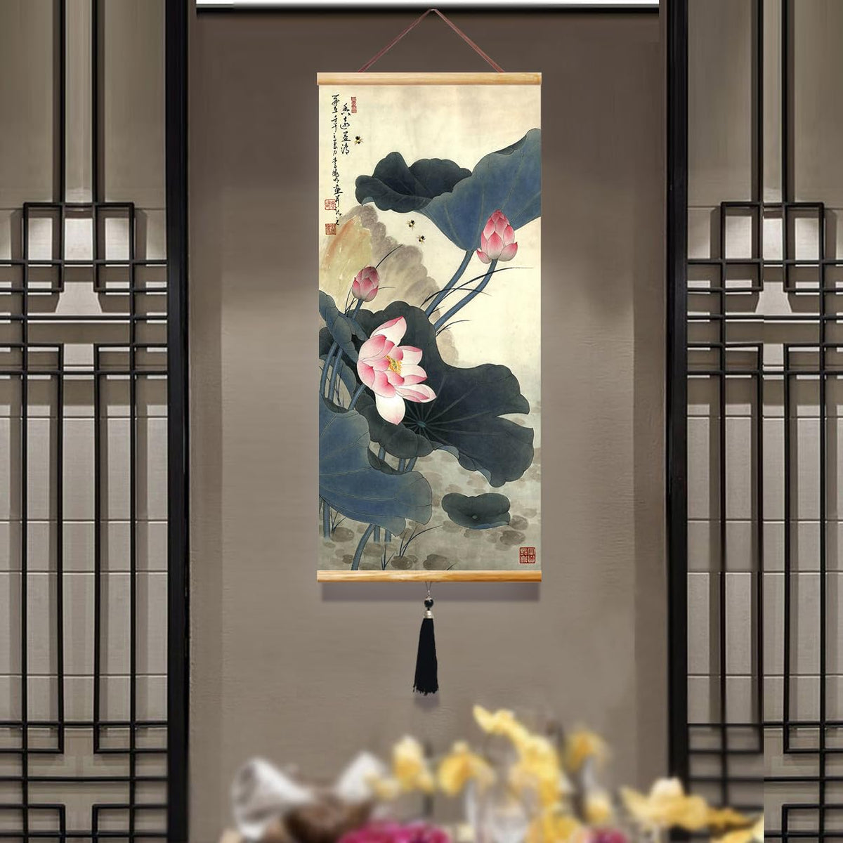 Canvas Painting Prints Wall Scroll Fengshui Art for Decor 32x14in (Lotus Fragrance)