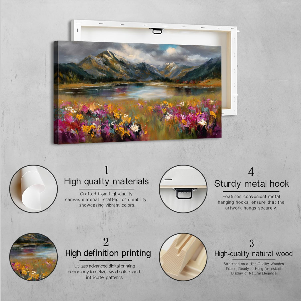 Abstract Wall Art Nature Mountain Flower Landscape Picture for Living Room Colorful Floral Field Painting Canvas Prints Watercolor Lake Meadow Scenery Poster Artwork Bedroom Home Decorations 20x40" (40"L x 20"W / Mountain Floral)