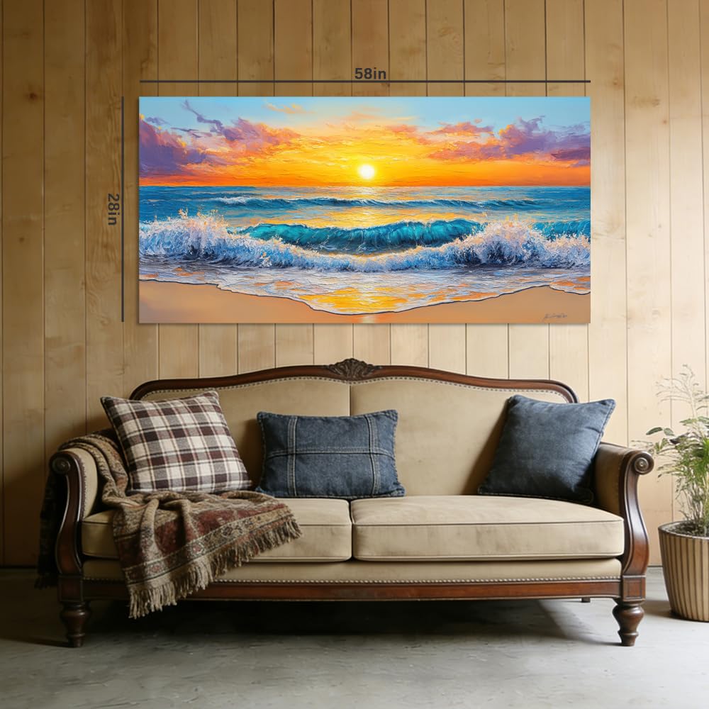 Modern Coastal Canvas Wall Art Beach Sunset Ocean Landscape Painting Flat Print Gallery Wrapped Nautical Farmhouse Home Artwork for Living Room Bedroom Bathroom Decor (Abstract / White Ocean Wave Sunset 16 / 58"L x 28"W)