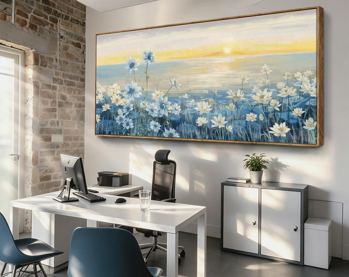 Giant Framed Wall Art for Living Room Extra large Modern Coastal Beachy Canvas Wall Art Big Floral Sunrise Blue Wall Picture Oversized Lake Nature Sunset Artwork Office Bedroom Decor 71“x31” (Sunrise Wall Art / 71"L x 31"W)