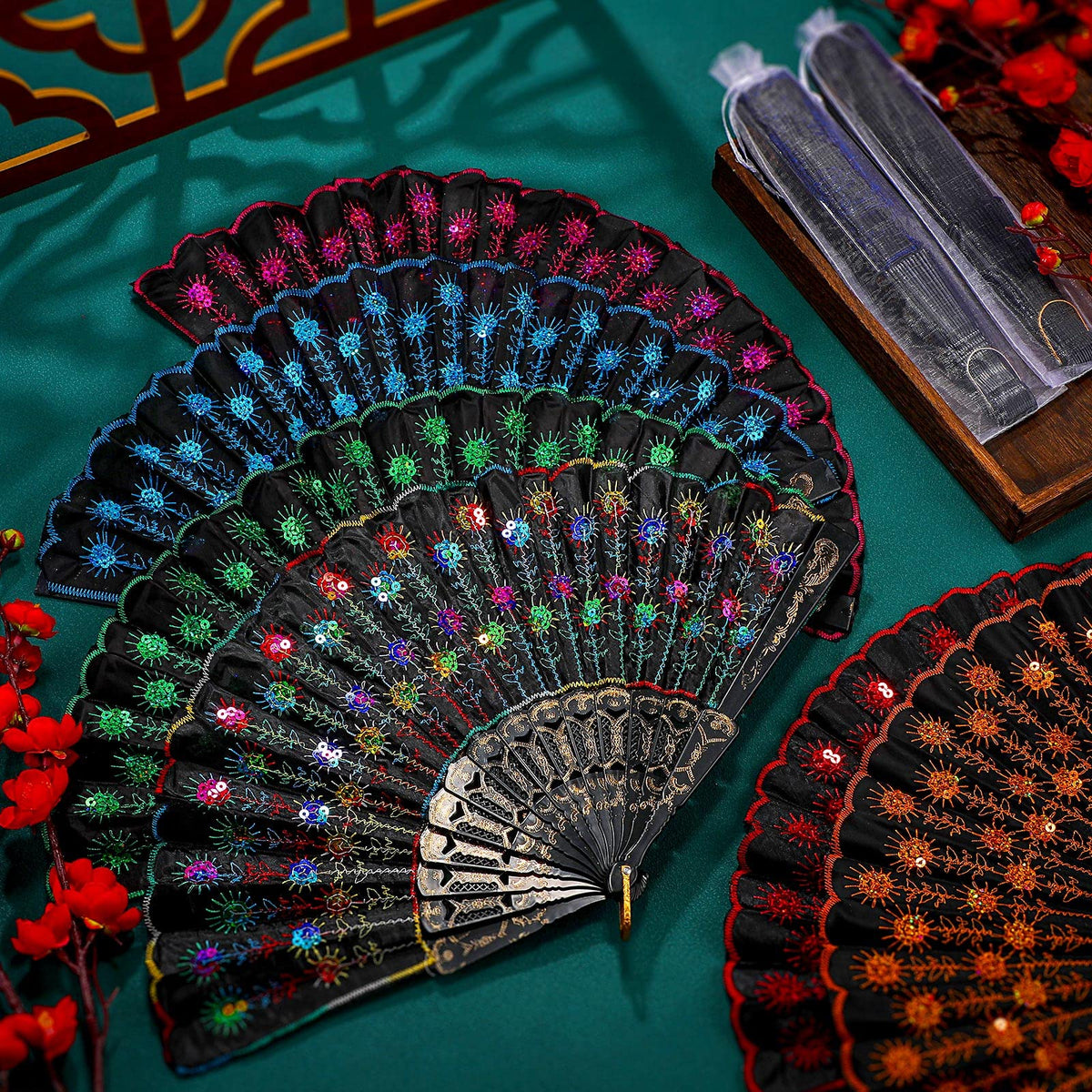 50 Pcs Folding Hand Fan Bulk for Women Foldable Fan Chinese Decorative Handheld with Different Flower Patterns Fabric Clacking Fans for Line Dancing Wedding Church Party (Embroidery / Elegant)