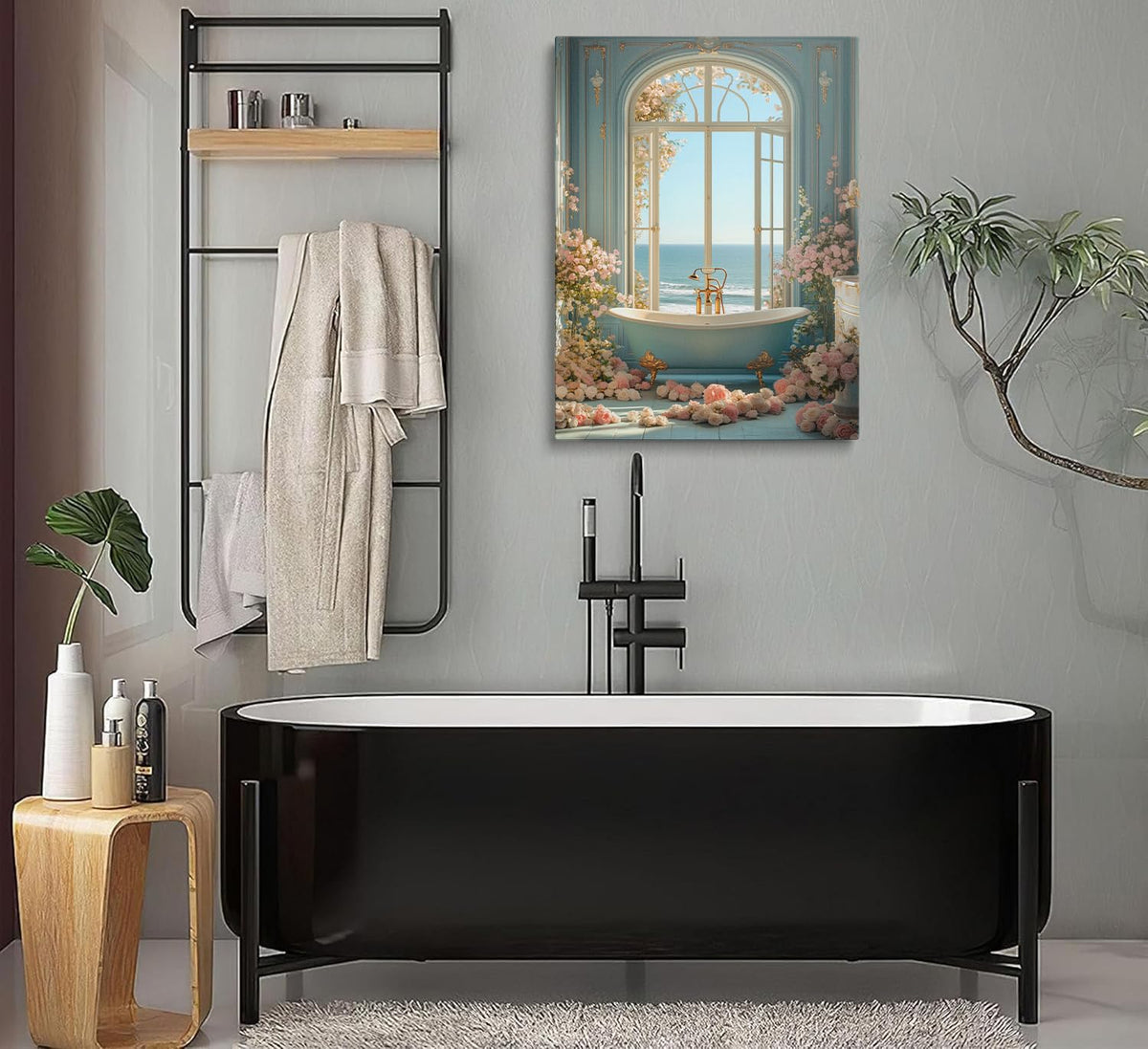 Coastal Blue Bathroom Canvas Wall Art Framed Floral Ocean Decor 16x24 Inch (Bathtub / 24"L x 16"W)