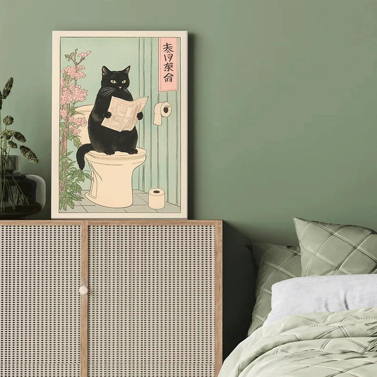 Japanese black cat on toilet Canvas Wall Art Funny bathroom print Toilet poster Japanese Cat Wall Decor Pictures Aesthetic Minimalism Artwork Neutral Painting Home Decoration (Canvas / 36"L x 24"W)