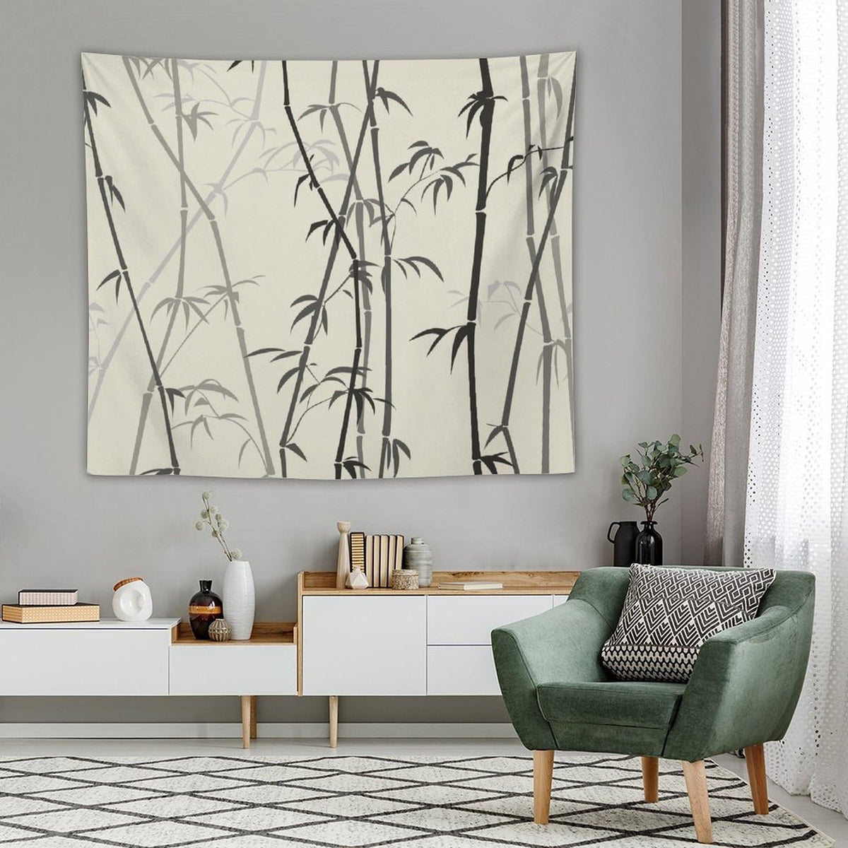 Asian Bamboo Tapestry Wall Hanging Japanese Bamboo Leaf Plant Classical Chinese Oriental Nature Scenery Tapestries Home Decor for Living Room Bedroom Apartment Dorm 50"x60" (50"L x 60"W / Bamboo-4)
