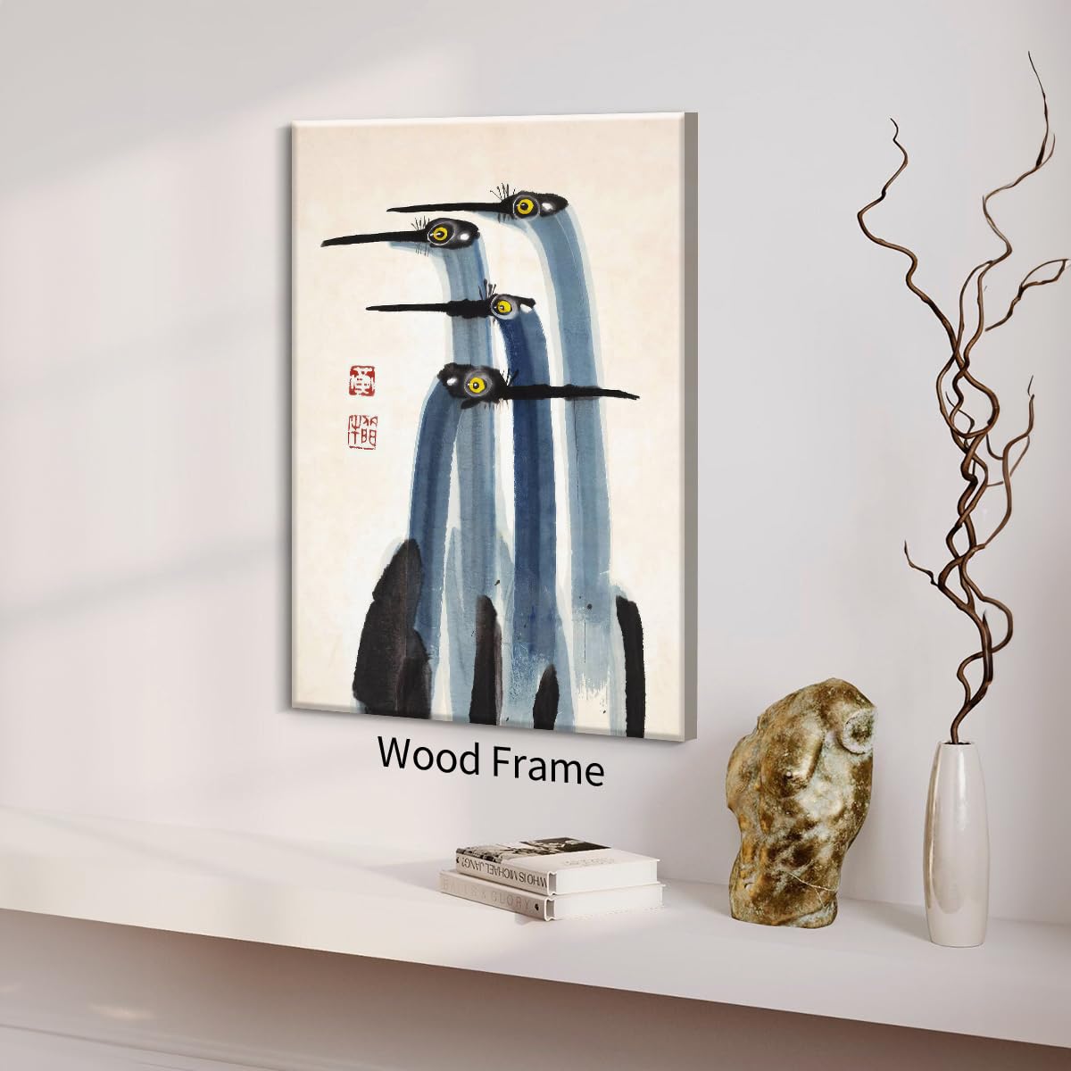 Vintage Japanese Crane Framed Poster Antique Asian Bird Canvas Wall Art 8x10 inch Blue Minimalist Animal Watercolor Prints for Country Farmhouse Wall Decor for Living Room Study Office Ready to hang (Wrapped Canvas / Japanese Decor / 10"L x 8"W)