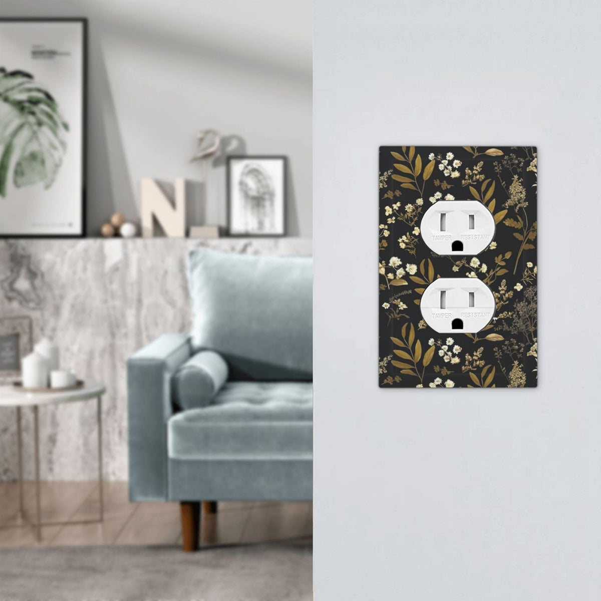 Black Gold Vintage Leaf Floral 1 Gang Duplex Wall Plate Jumbo Size (Black Gold Vintage Leaf Floral / 1-Gang Duplex Mid)
