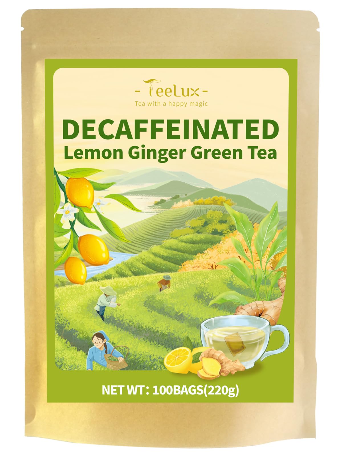 Decaf Lemon Ginger Green Tea Bags (100 Count (Pack of 1))