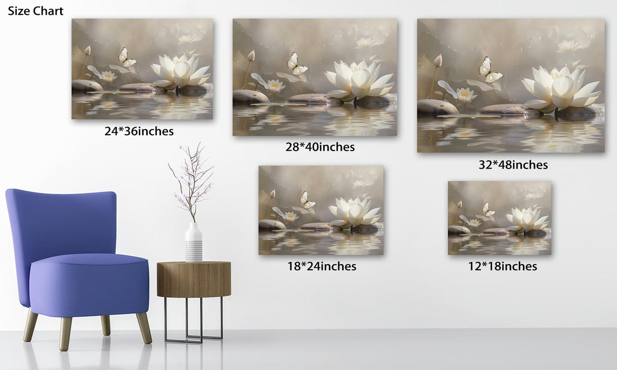 Zen Wall Art White Lotus Flower Canvas Art Print for Spa Bathroom Decor (Zen Stones Canvas Frame-18 / 48"L x 32"W)
