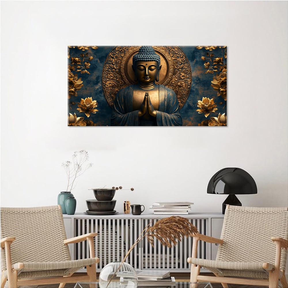 Zen Brown and Gold Buddha Wall Art for Living Room Office Religion Art Deco Blue Background Painting Prints Fantasy Canvas Artwork Over the Couch Bedroom Decor Extra Large (58"L x 28"W / Brown and Gold Wall Art (K871))