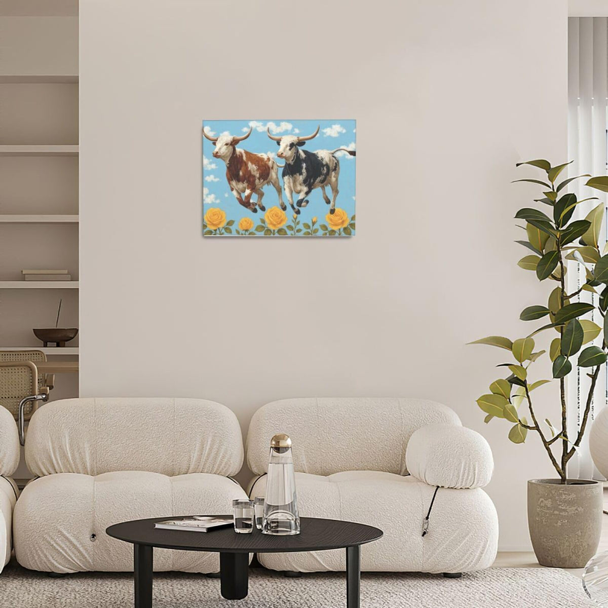 Longhorn Cow Wall Decor Funny Cow Canvas Wall Art Cute Cattle Pictures Painting Artwork Framed Decoration for Bedroom Bathroom Living Room Kitchen Dining Room Office 12"x16" (Longhorn / 16L"×12W")