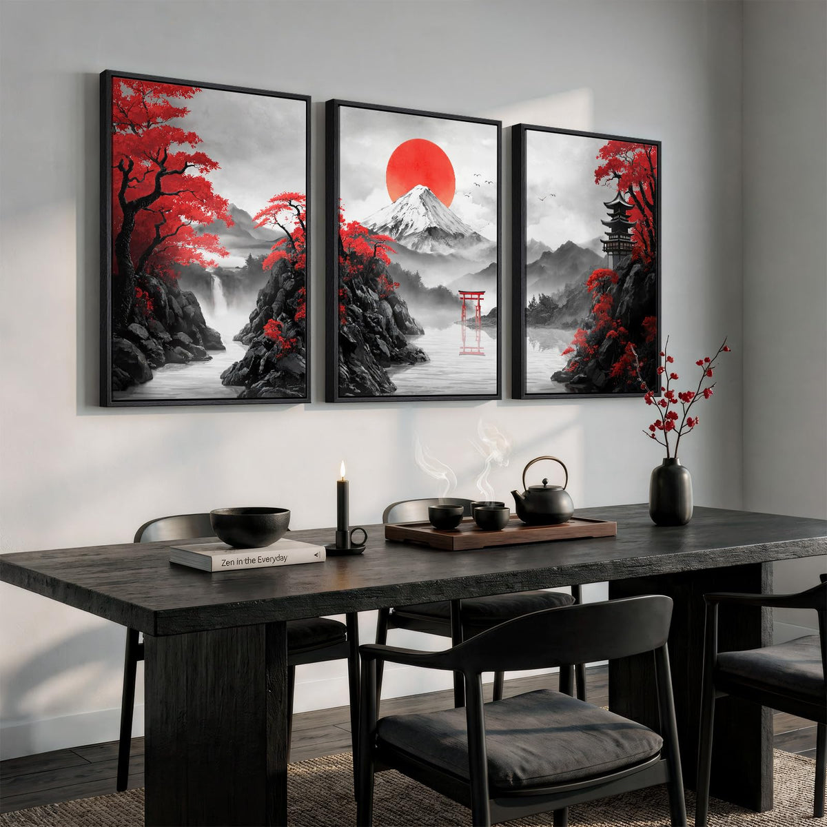 Large Framed Red Japanese Landscape Wall Art for Living Room (Red White / 24"L x 36"W)